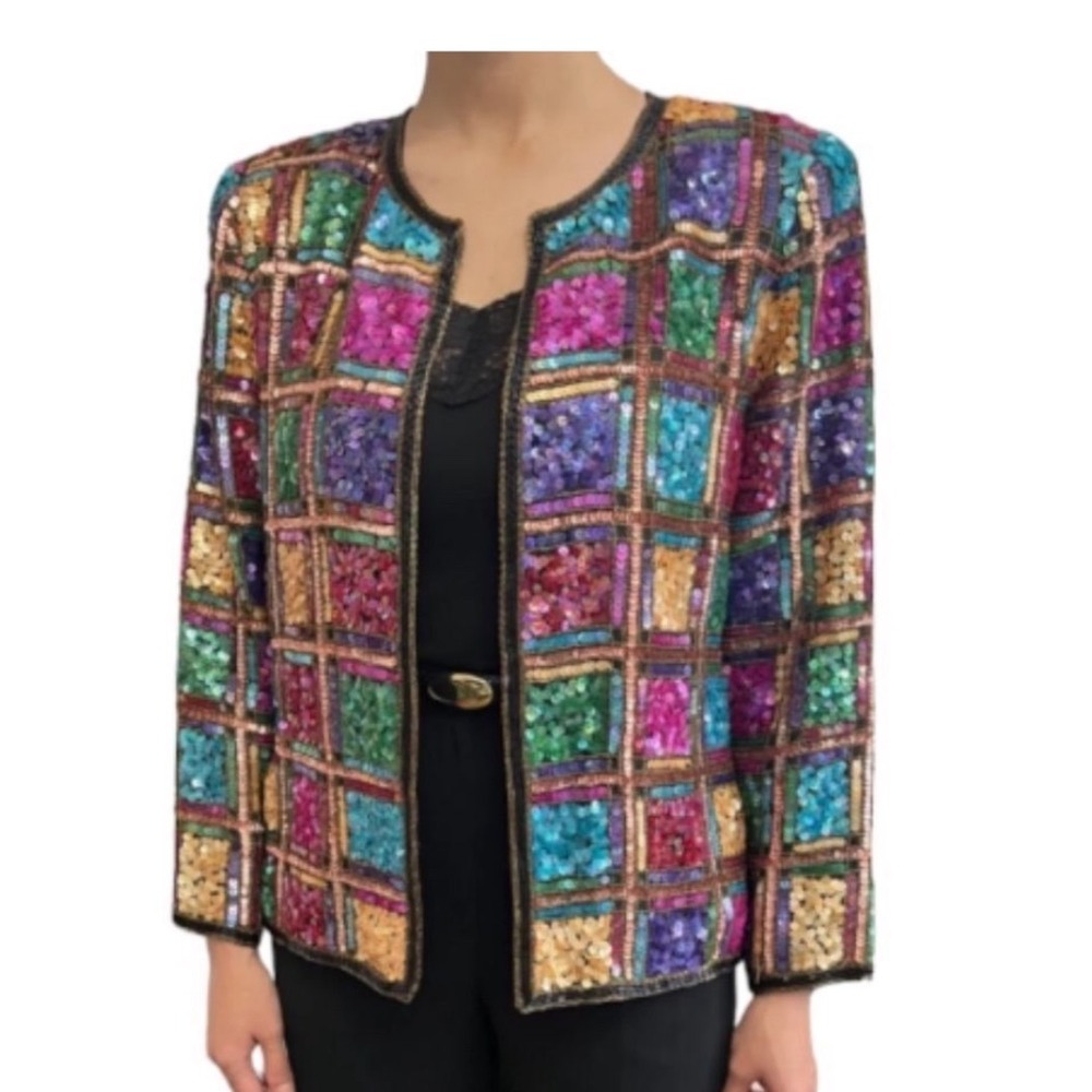 Vintage Laurence Kazar Sequin Cocktail Party Blazer Jacket 80s Women's XL‎ Silk